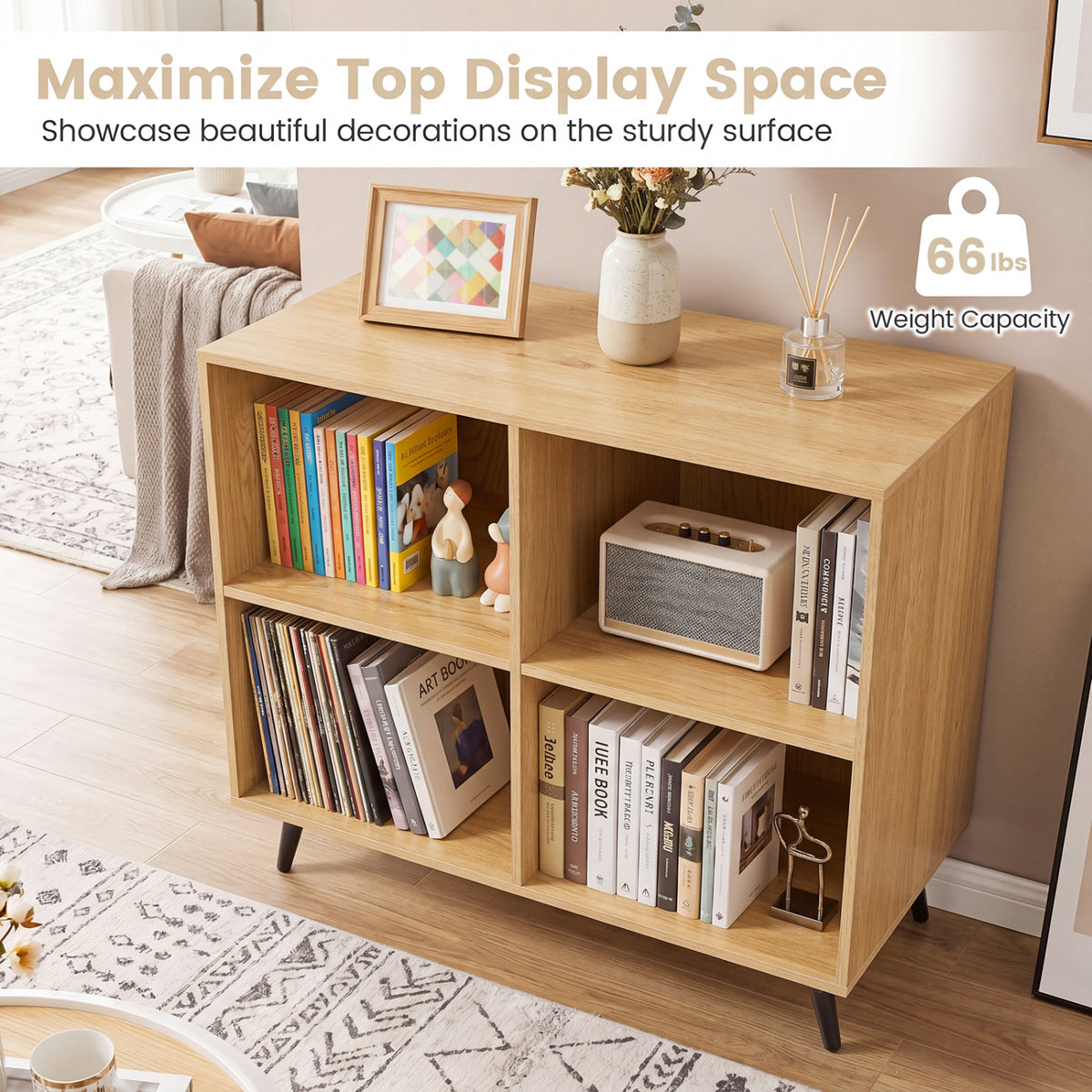 4-Cube Wooden Bookshelf Bookcase with 5 Metal Legs for Home-Natural view 8