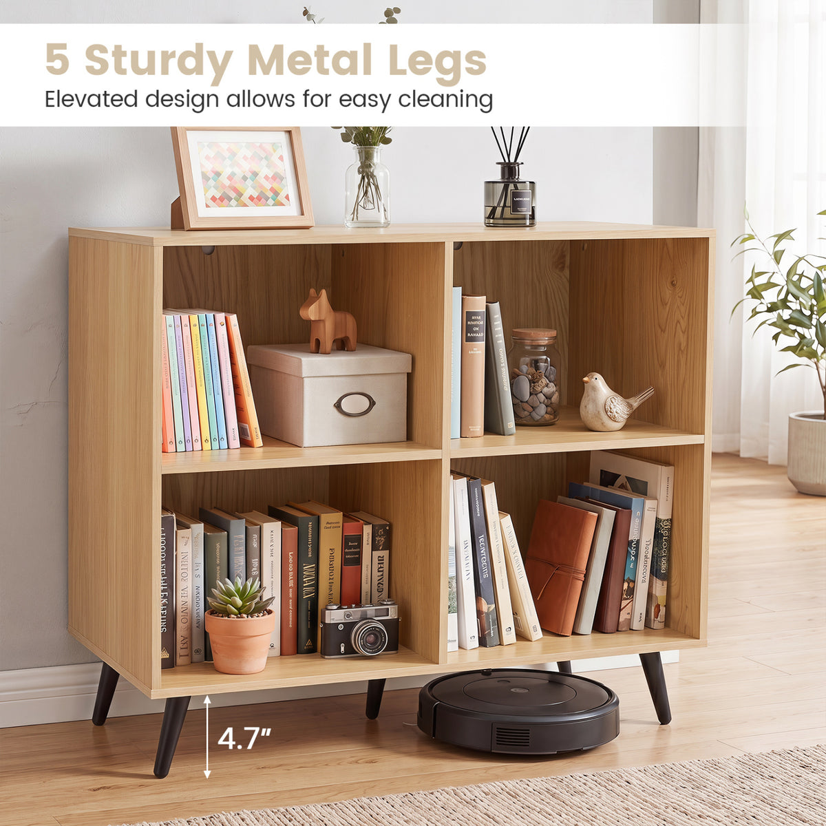 4-Cube Wooden Bookshelf Bookcase with 5 Metal Legs for Home-Natural view 9