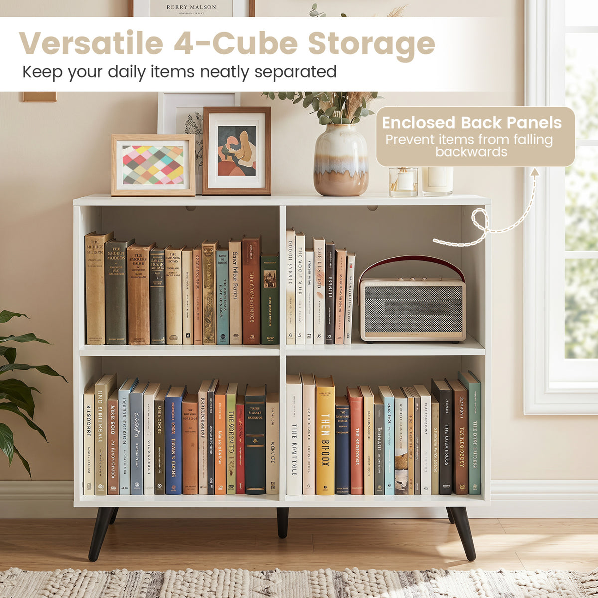4-Cube Wooden Bookshelf Bookcase with 5 Metal Legs for Home-White view 7