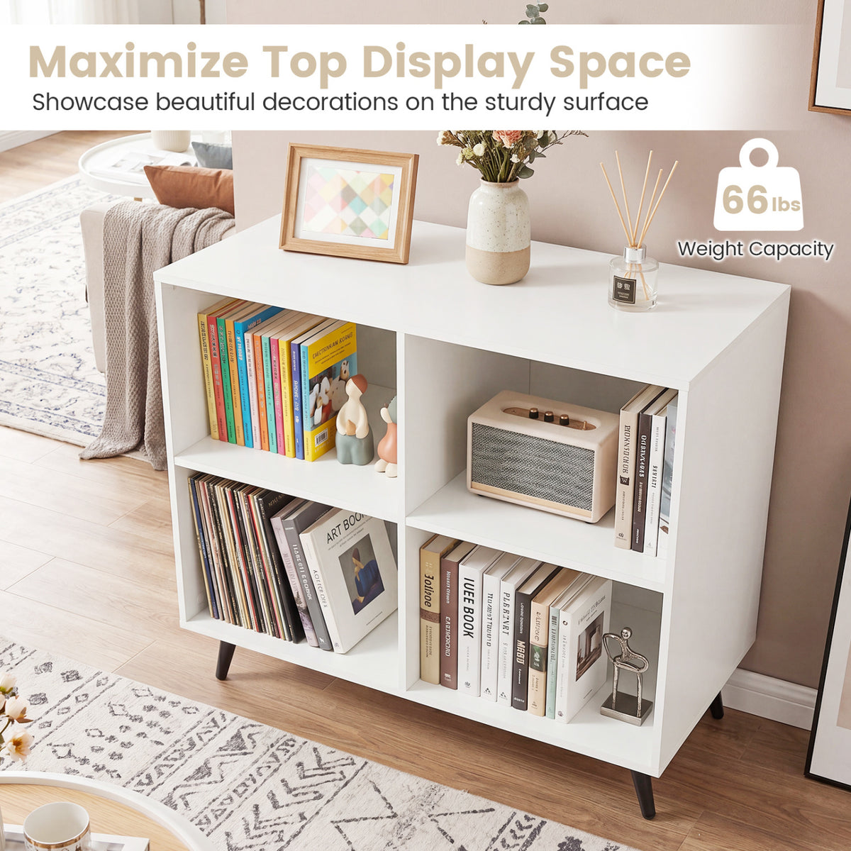 4-Cube Wooden Bookshelf Bookcase with 5 Metal Legs for Home-White view 8