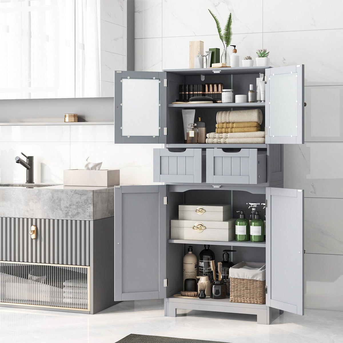 4 Door Freee-Standing Bathroom Cabinet with 2 Drawers and Glass Doors-Gray view 2