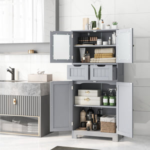4 Door Freee-Standing Bathroom Cabinet with 2 Drawers and Glass Doors-Gray view 2