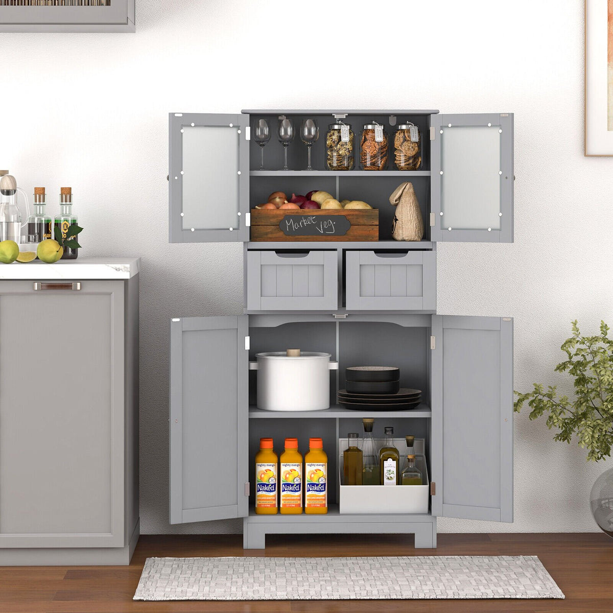 4 Door Freee-Standing Bathroom Cabinet with 2 Drawers and Glass Doors-Gray view 3