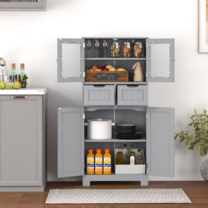 4 Door Freee-Standing Bathroom Cabinet with 2 Drawers and Glass Doors-Gray view 3