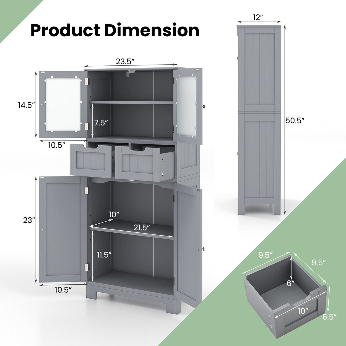 4 Door Freee-Standing Bathroom Cabinet with 2 Drawers and Glass Doors-Gray view 4