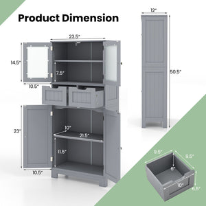 4 Door Freee-Standing Bathroom Cabinet with 2 Drawers and Glass Doors-Gray view 4