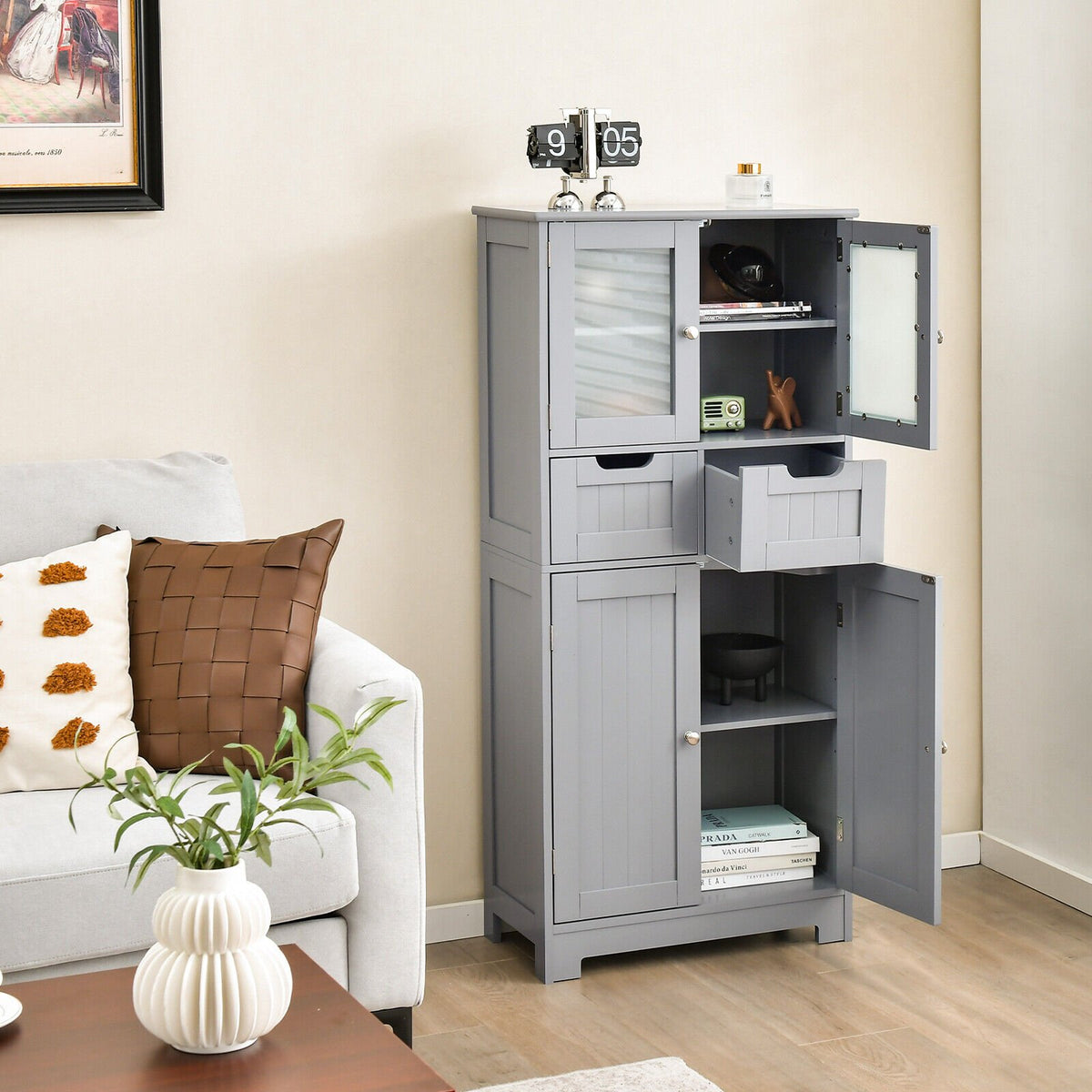 4 Door Freee-Standing Bathroom Cabinet with 2 Drawers and Glass Doors-Gray view 5