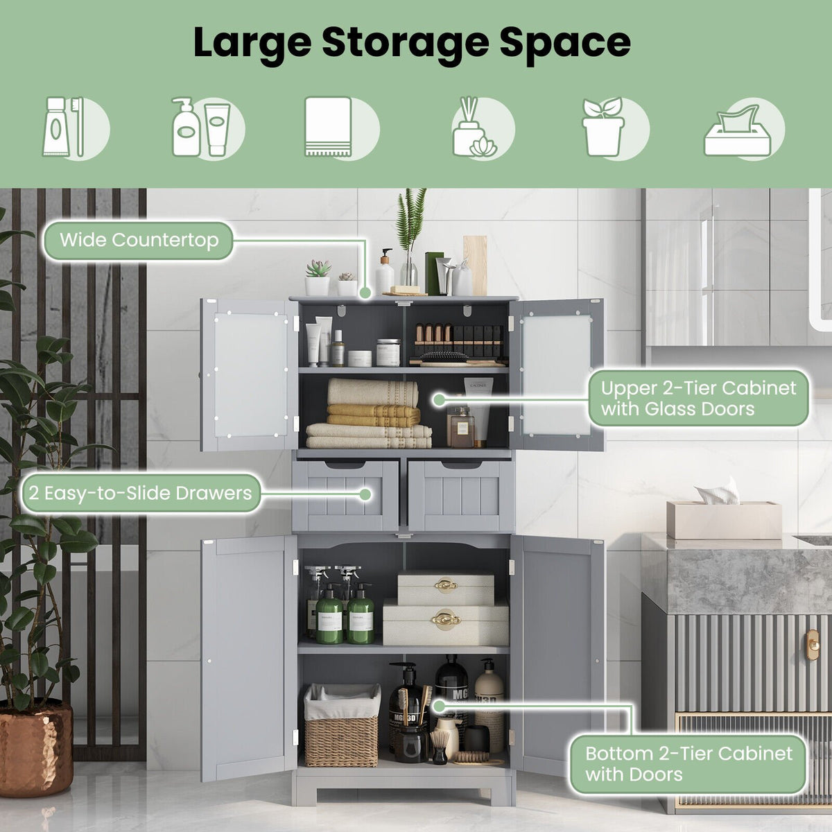 4 Door Freee-Standing Bathroom Cabinet with 2 Drawers and Glass Doors-Gray view 6