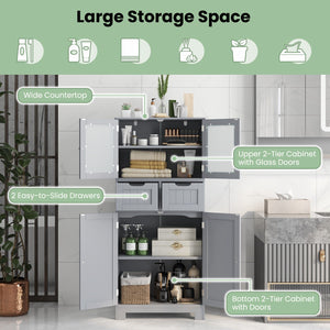 4 Door Freee-Standing Bathroom Cabinet with 2 Drawers and Glass Doors-Gray view 6