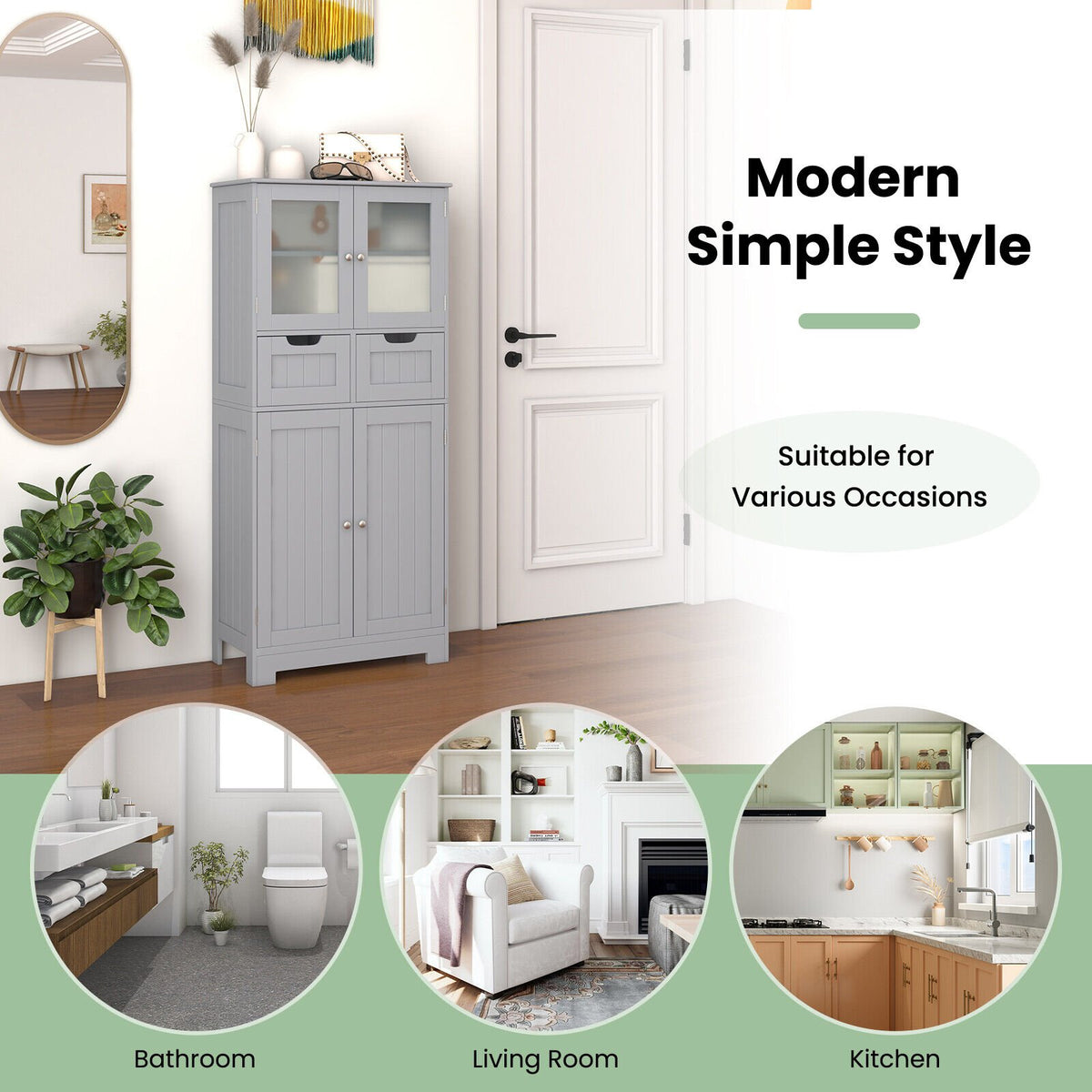 4 Door Freee-Standing Bathroom Cabinet with 2 Drawers and Glass Doors-Gray view 7