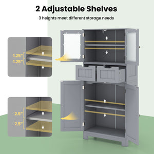 4 Door Freee-Standing Bathroom Cabinet with 2 Drawers and Glass Doors-Gray view 8
