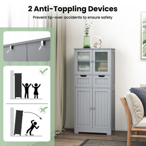 4 Door Freee-Standing Bathroom Cabinet with 2 Drawers and Glass Doors-Gray view 9