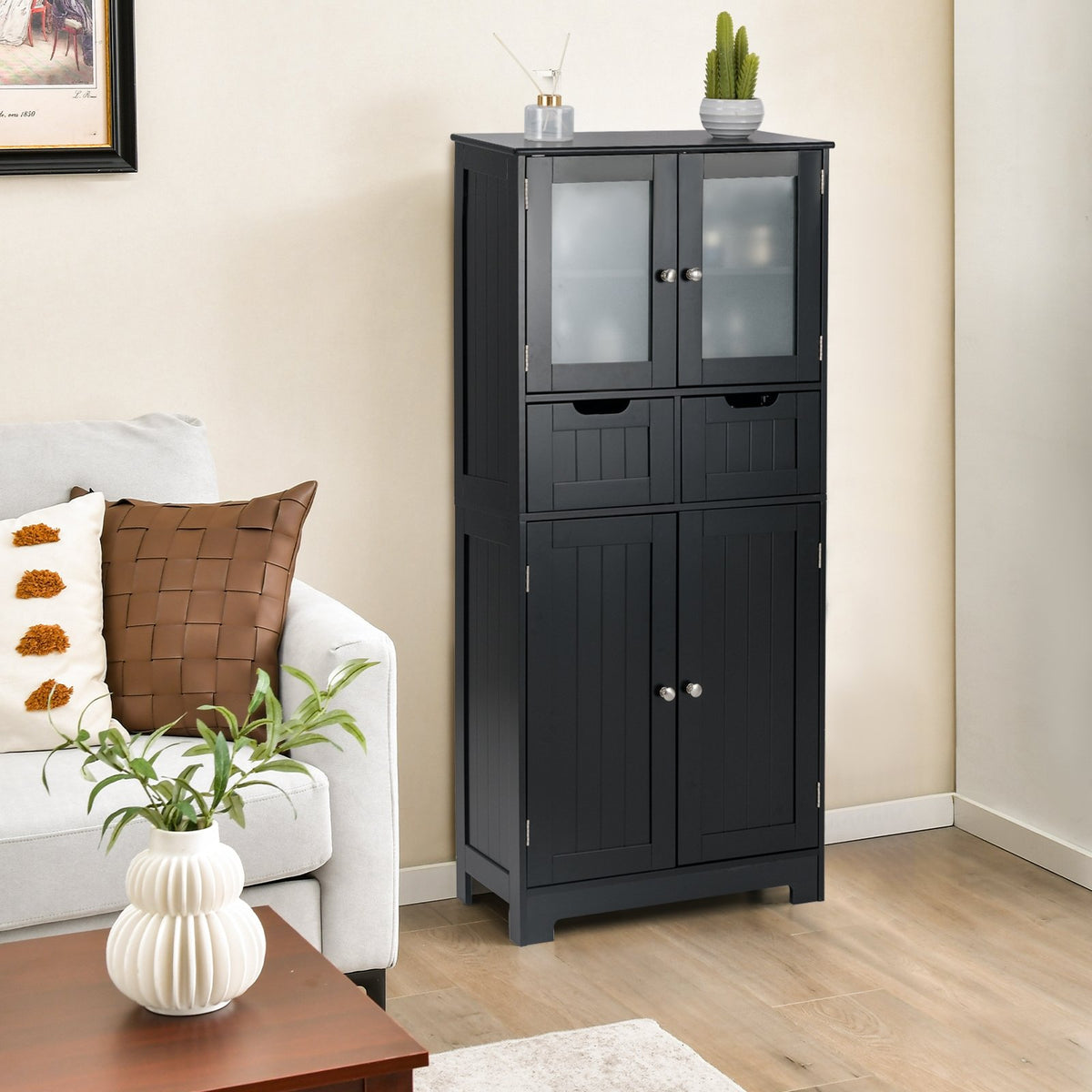 4 Door Freestanding Bathroom Floor Storage Cabinet with 2 Drawers and Glass Doors-Black view 2