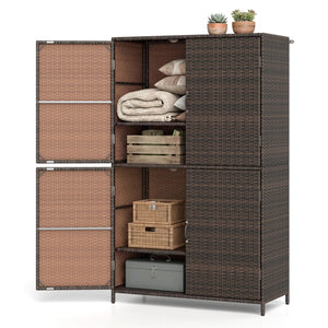 4-Door Rattan Vertical Storage Shed with Adjustable Shelves-Brown
