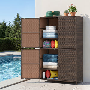 4-Door Rattan Vertical Storage Shed with Adjustable Shelves-Brown view 2