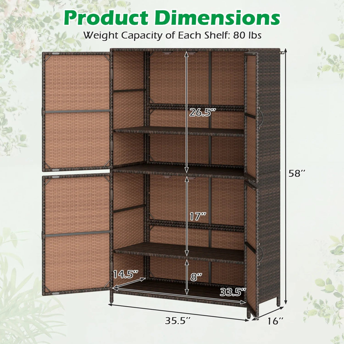 4-Door Rattan Vertical Storage Shed with Adjustable Shelves-Brown view 5