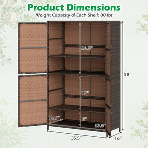 4-Door Rattan Vertical Storage Shed with Adjustable Shelves-Brown view 5