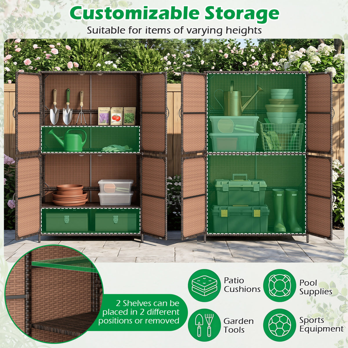 4-Door Rattan Vertical Storage Shed with Adjustable Shelves-Brown view 7