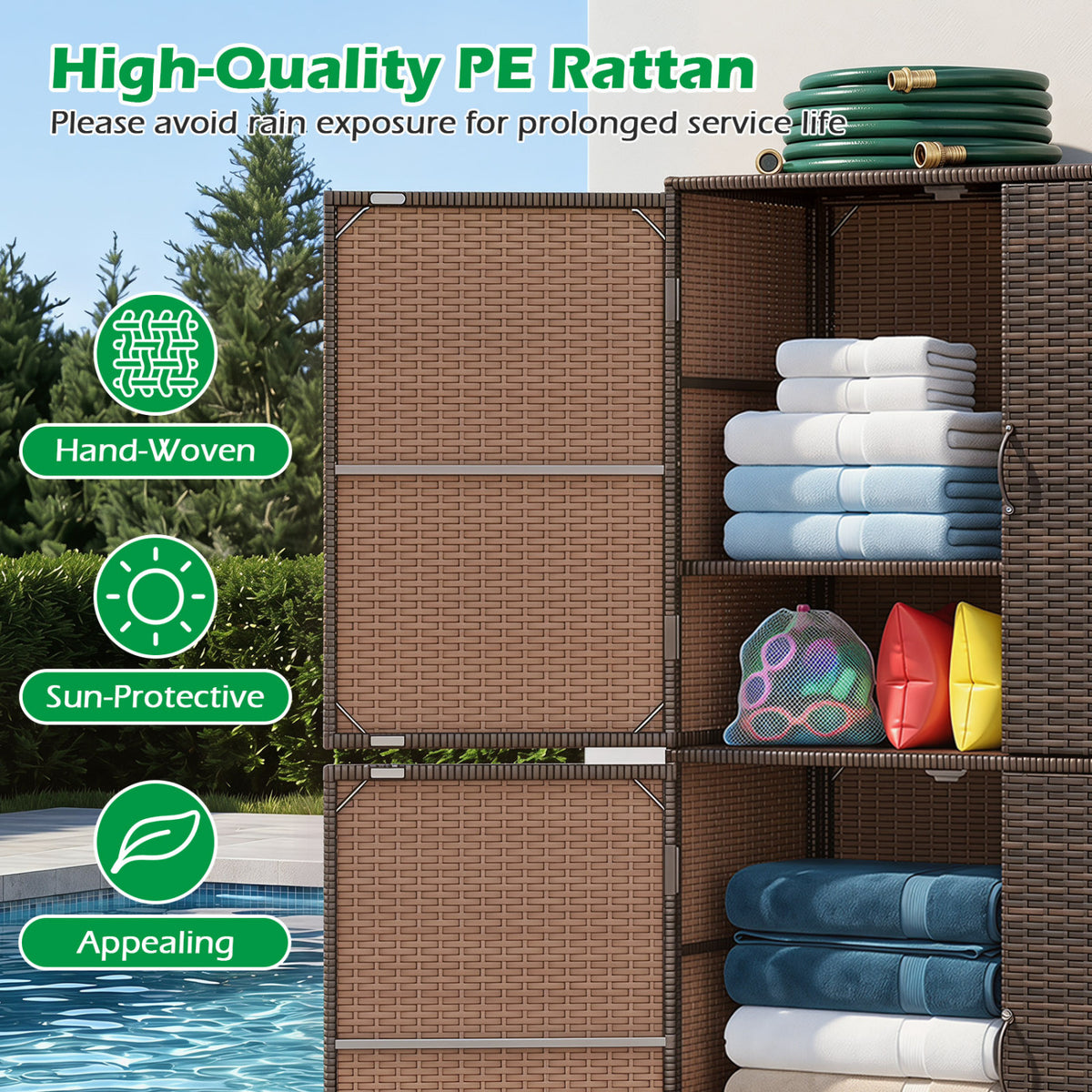 4-Door Rattan Vertical Storage Shed with Adjustable Shelves-Brown view 8