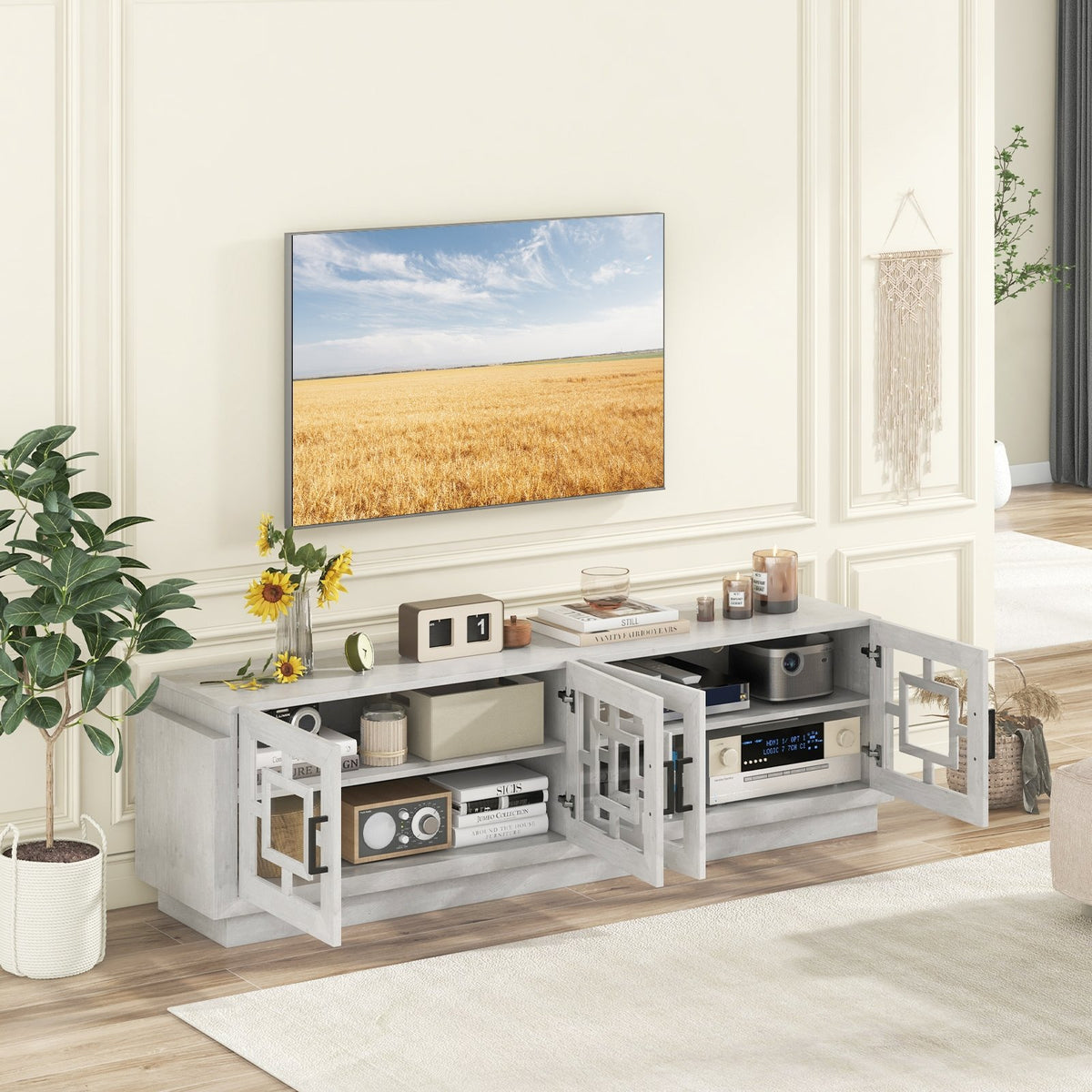 4-Door TV Stand for TVs up to 75 Inch Media Console Table with Adjustable Shelves-Oak view 2