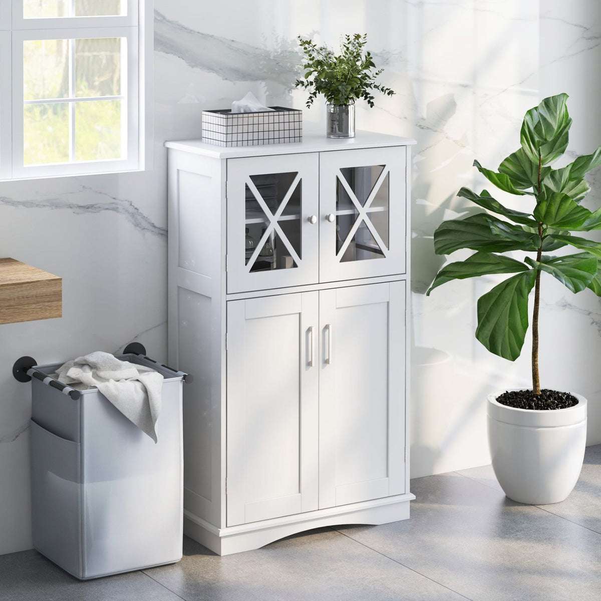 4 Doors Freeestanding Bathroom Floor Cabinet with Adjustable Shelves-White view 2