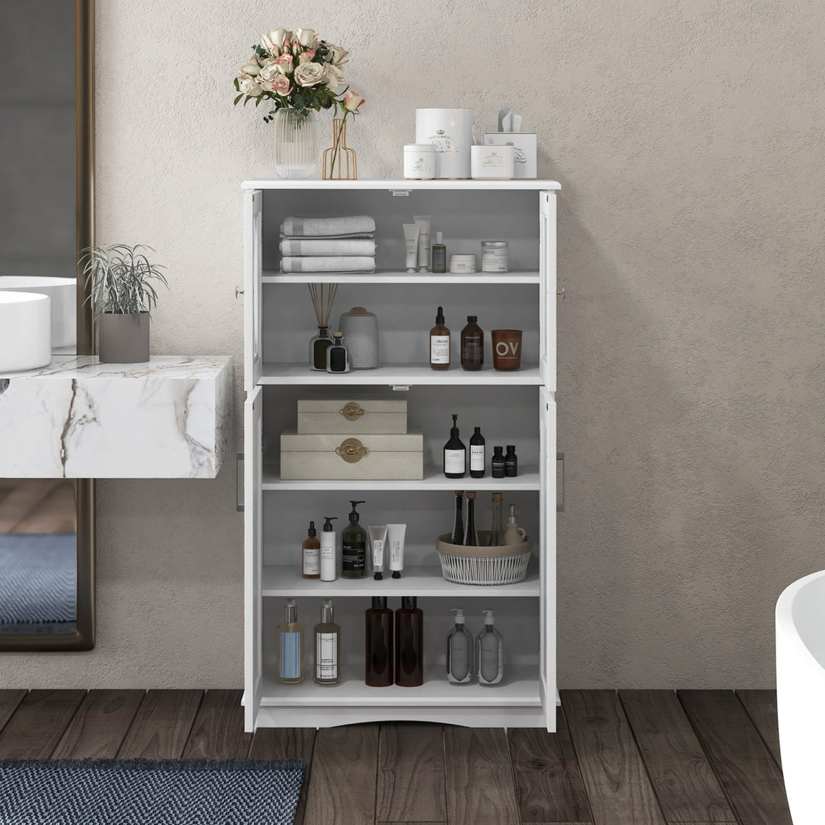 4 Doors Freeestanding Bathroom Floor Cabinet with Adjustable Shelves-White view 3