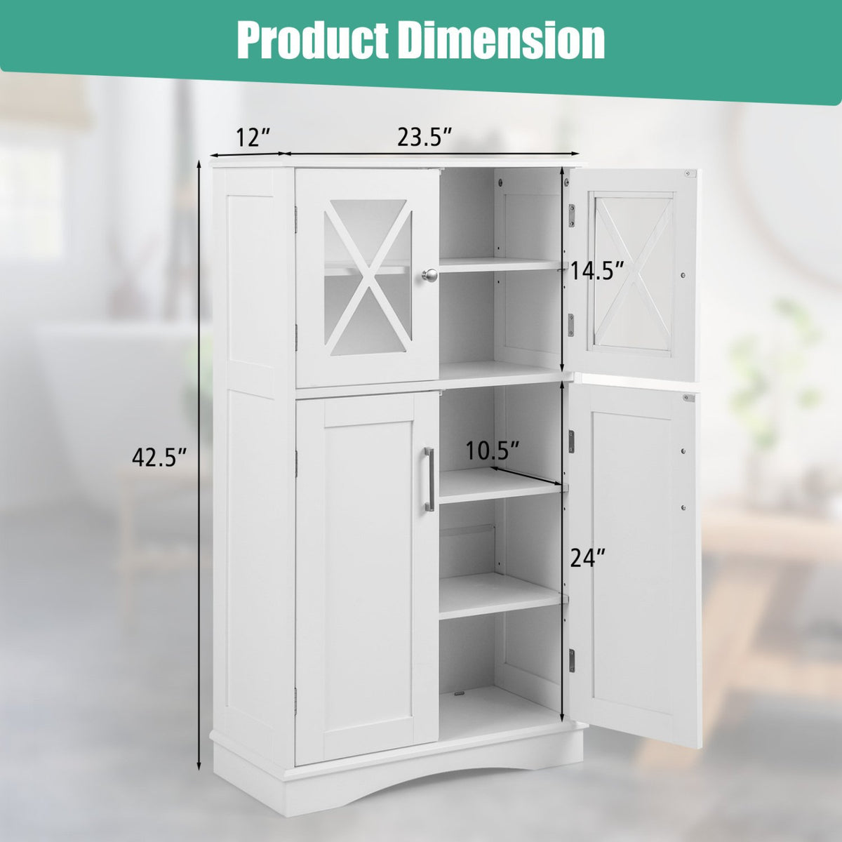 4 Doors Freeestanding Bathroom Floor Cabinet with Adjustable Shelves-White view 4