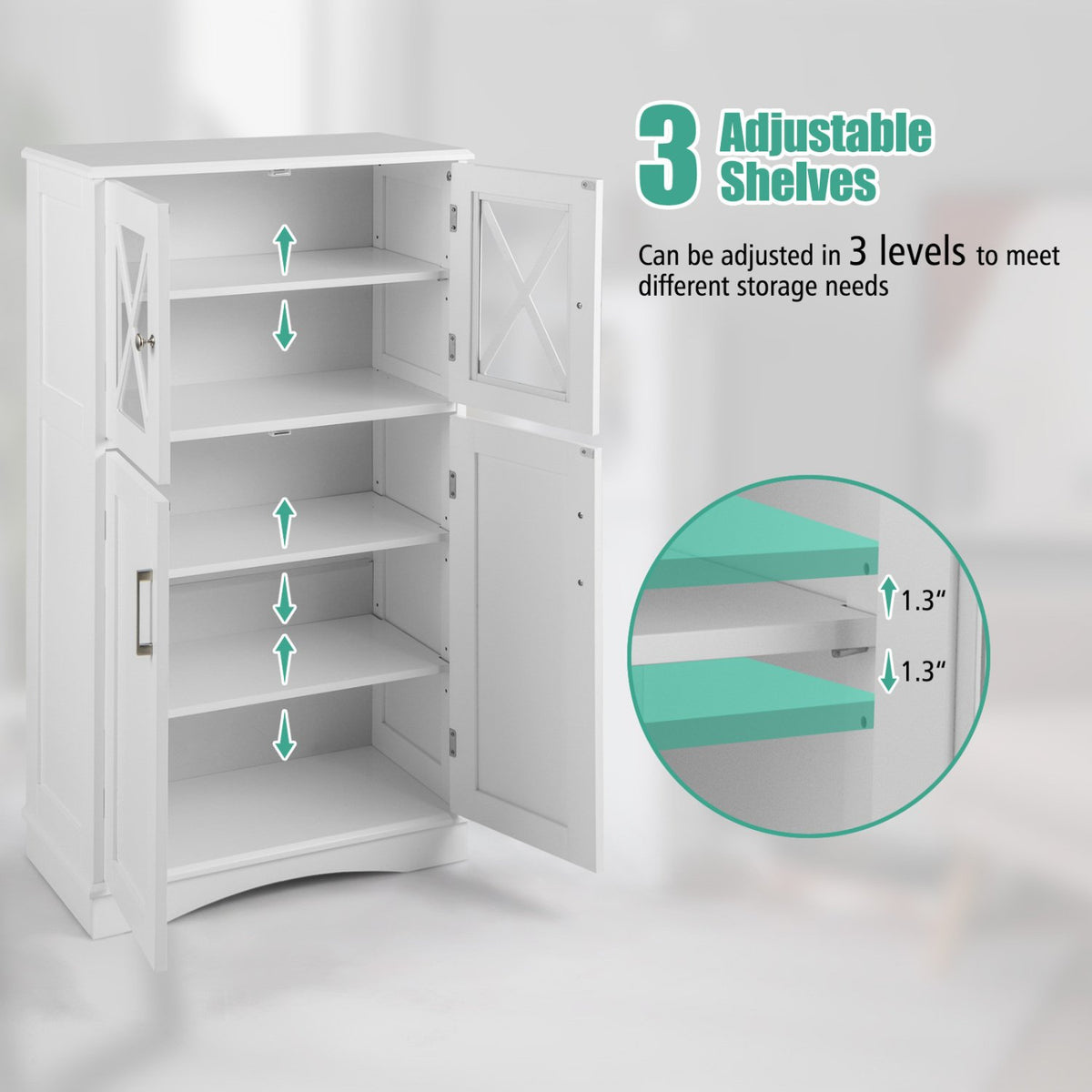 4 Doors Freeestanding Bathroom Floor Cabinet with Adjustable Shelves-White view 7