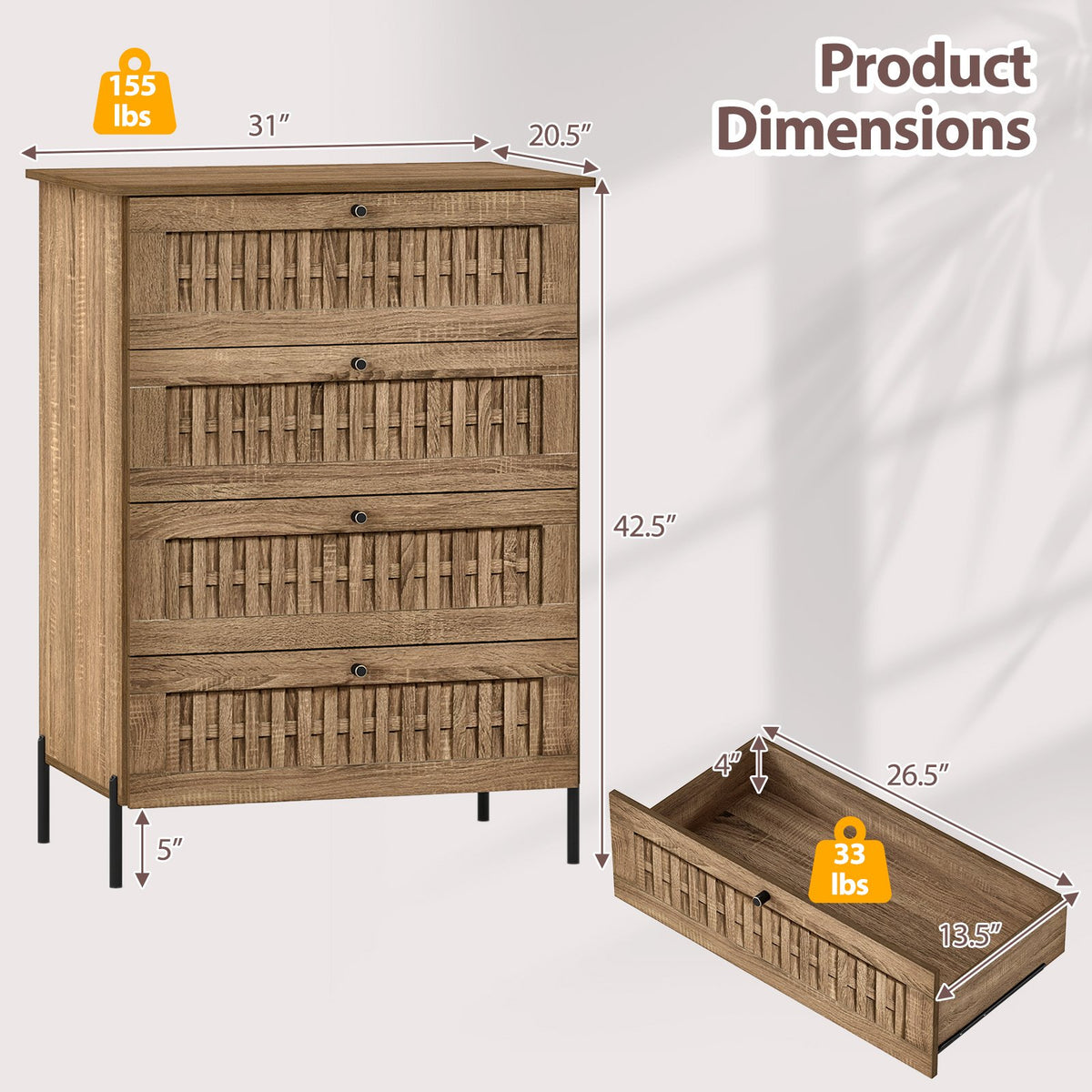 4-Drawer Dresser with Interlocking Mechanism and Metal Legs for Bedroom-Oak view 5