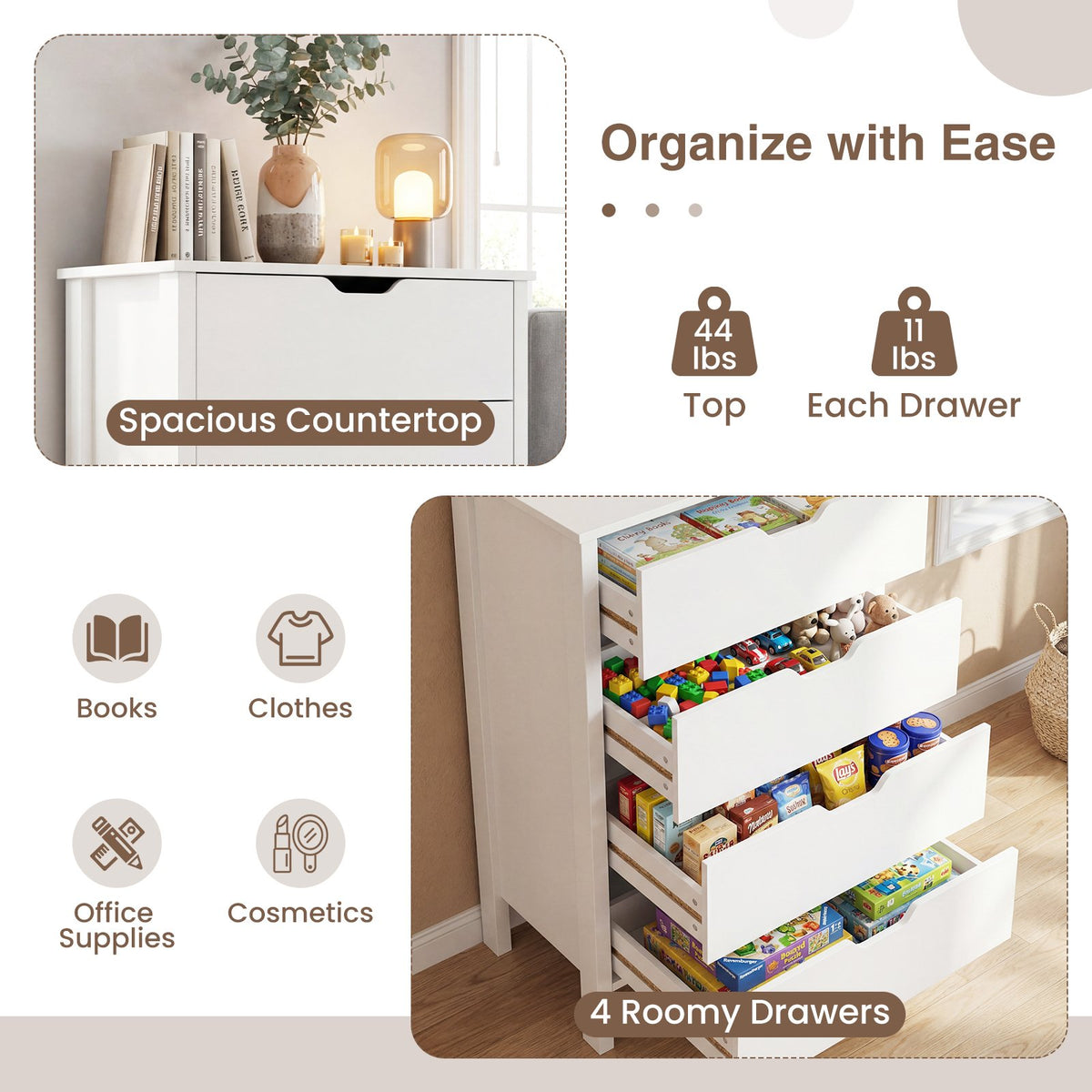 4-Drawer Dresser Wooden Nightstand with Anti-Tipping Kits-White view 7