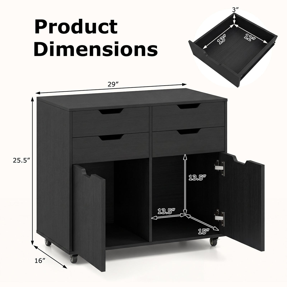 4 Drawer File Cabinet with Wheels for Home Office Organization-Black view 5