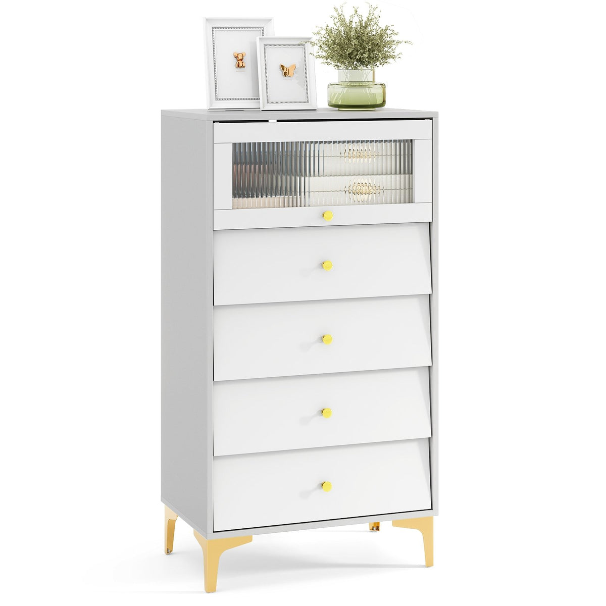 4 Drawer Modern Storage Cabinet with Flip Up Fluted Glass Door-Gray and White