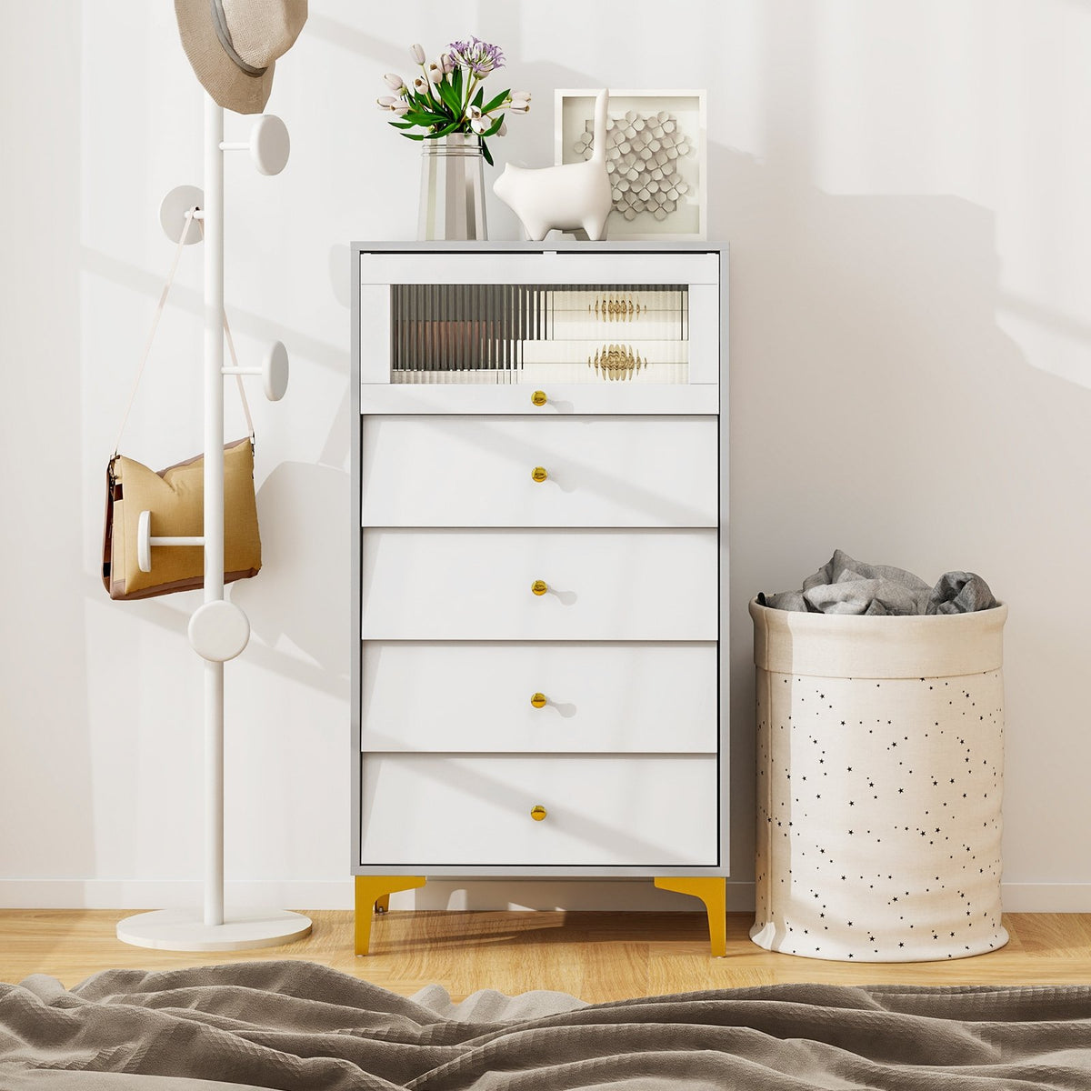 4 Drawer Modern Storage Cabinet with Flip Up Fluted Glass Door-Gray and White view 2