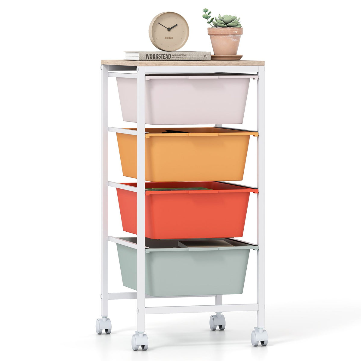 4-Drawer Rolling Storage Cart Mobile Utility Organizer with Wooden Tabletop and Lockable Wheels-Macaron