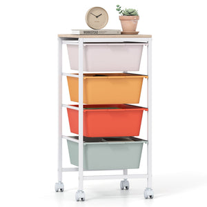 4-Drawer Rolling Storage Cart Mobile Utility Organizer with Wooden Tabletop and Lockable Wheels-Macaron
