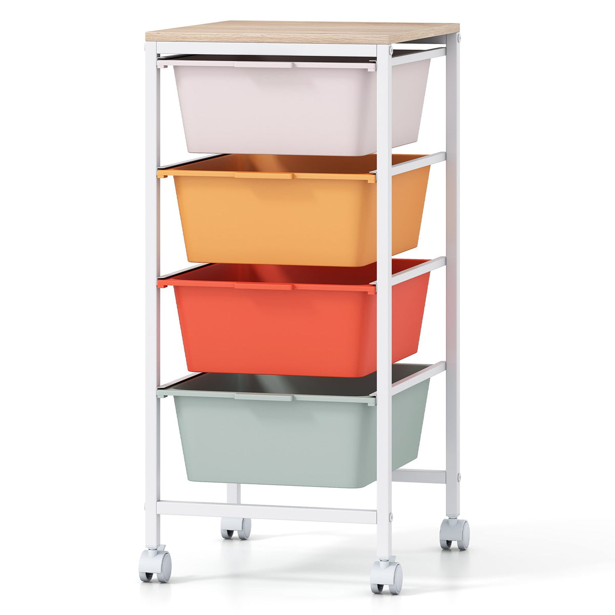 4-Drawer Rolling Storage Cart Mobile Utility Organizer with Wooden Tabletop and Lockable Wheels-Macaron view 4