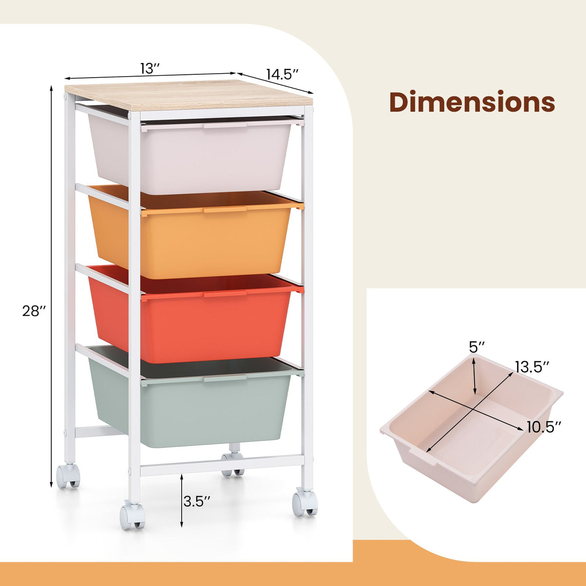 4-Drawer Rolling Storage Cart Mobile Utility Organizer with Wooden Tabletop and Lockable Wheels-Macaron view 5