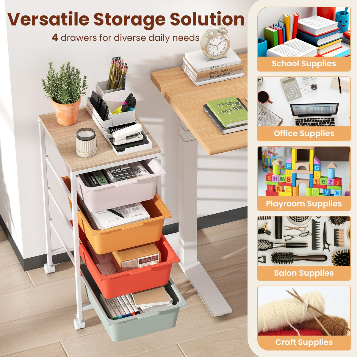 4-Drawer Rolling Storage Cart Mobile Utility Organizer with Wooden Tabletop and Lockable Wheels-Macaron view 7