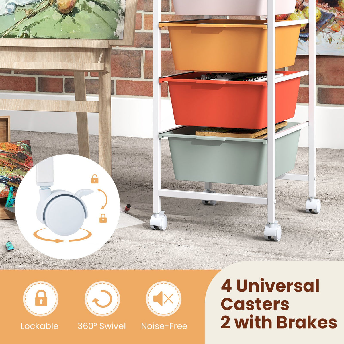4-Drawer Rolling Storage Cart Mobile Utility Organizer with Wooden Tabletop and Lockable Wheels-Macaron view 9