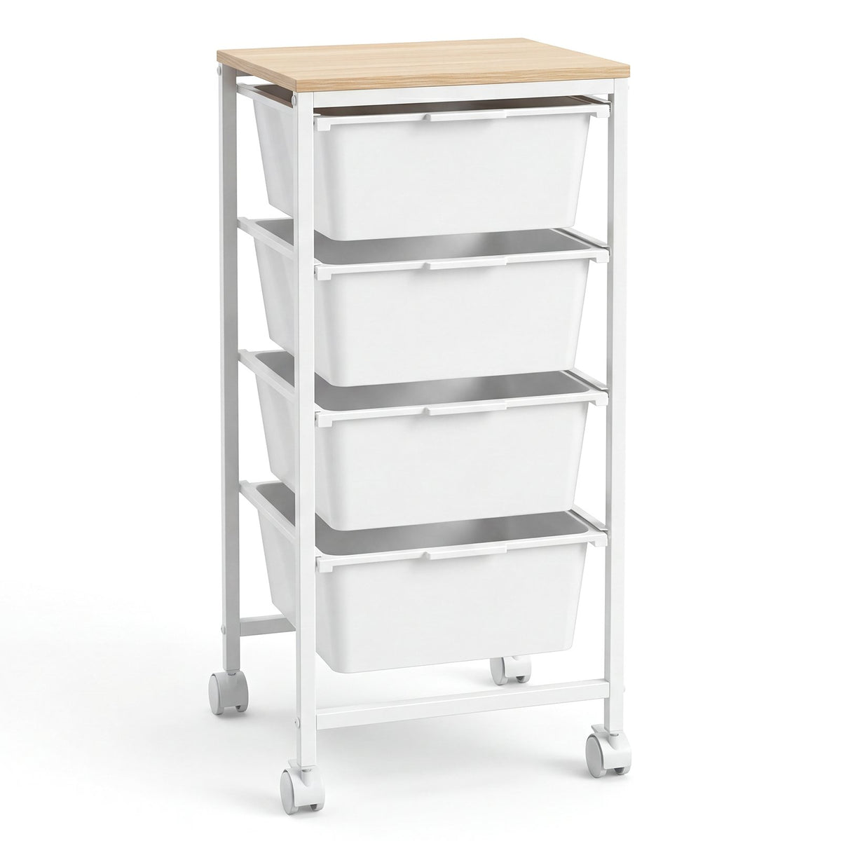 4-Drawer Rolling Storage Cart Mobile Utility Organizer with Wooden Tabletop and Lockable Wheels-White
