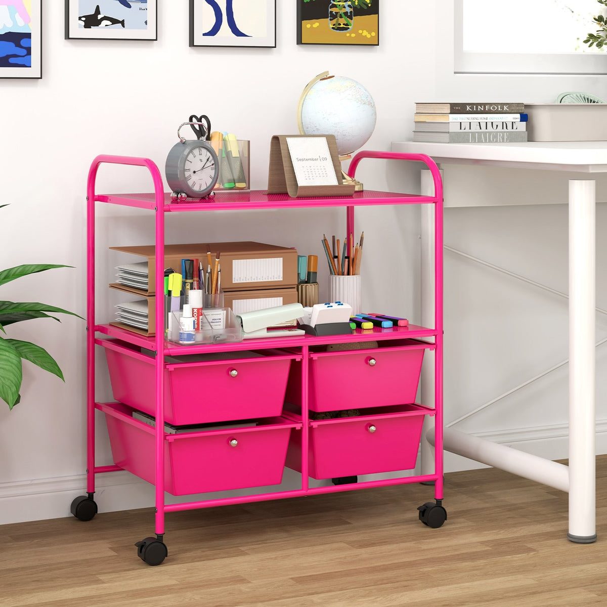 4 Drawers Shelves Rolling Storage Cart Rack-Hot Pink view 2
