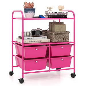 4 Drawers Shelves Rolling Storage Cart Rack-Hot Pink view 4