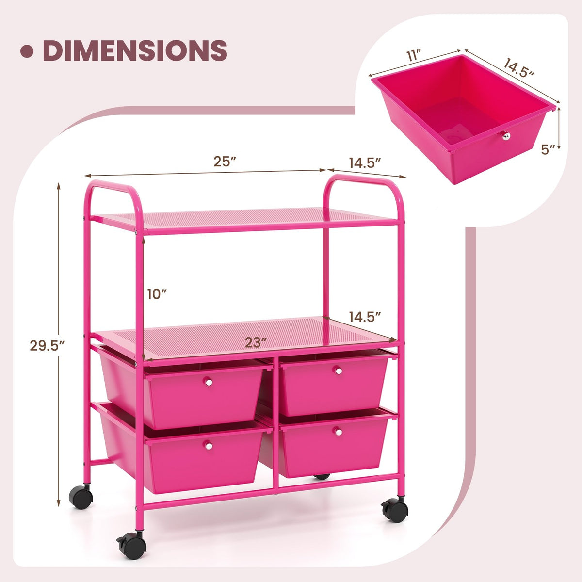 4 Drawers Shelves Rolling Storage Cart Rack-Hot Pink view 5