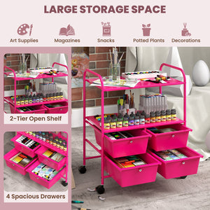 4 Drawers Shelves Rolling Storage Cart Rack-Hot Pink view 6