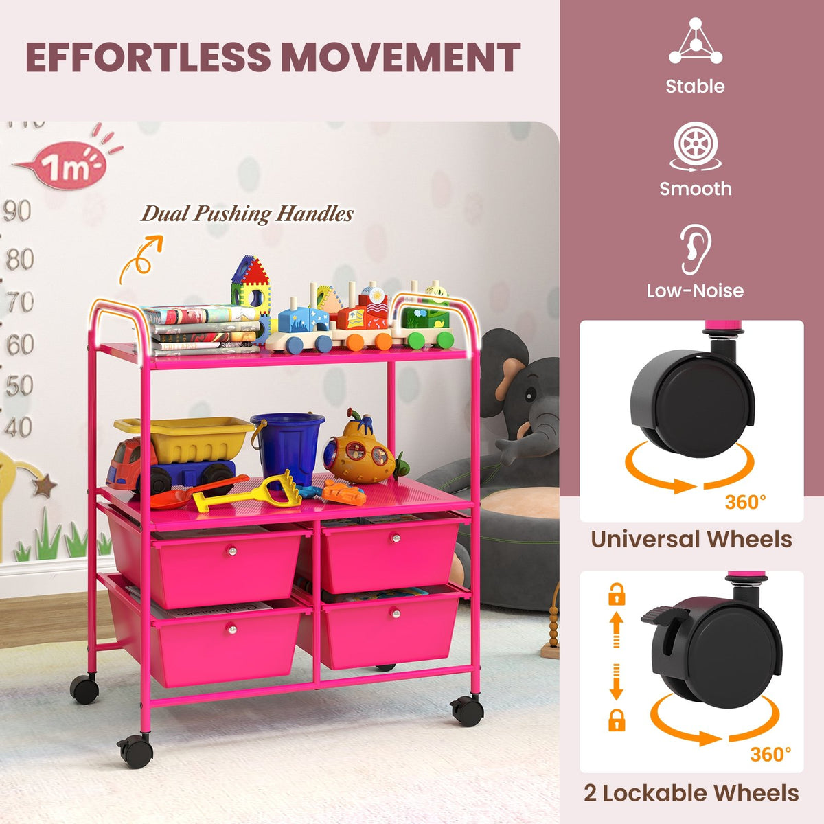 4 Drawers Shelves Rolling Storage Cart Rack-Hot Pink view 7