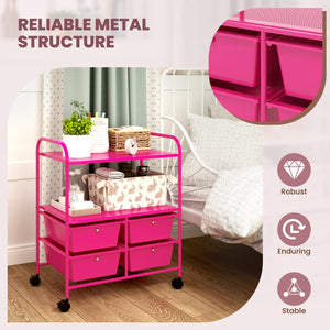 4 Drawers Shelves Rolling Storage Cart Rack-Hot Pink view 8