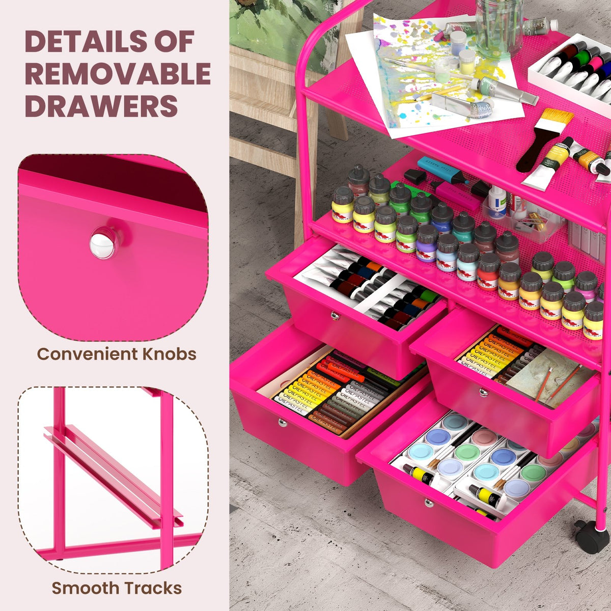 4 Drawers Shelves Rolling Storage Cart Rack-Hot Pink view 9