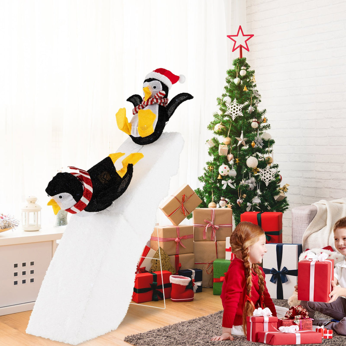 4 Feet Christmas Penguin Ice Skating Decor with Snowy Slide view 3