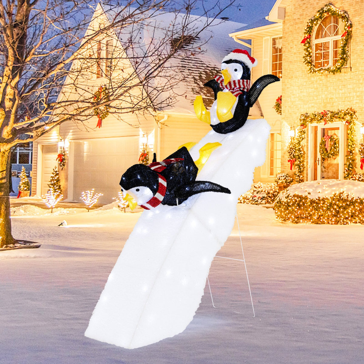 4 Feet Christmas Penguin Ice Skating Decor with Snowy Slide view 5