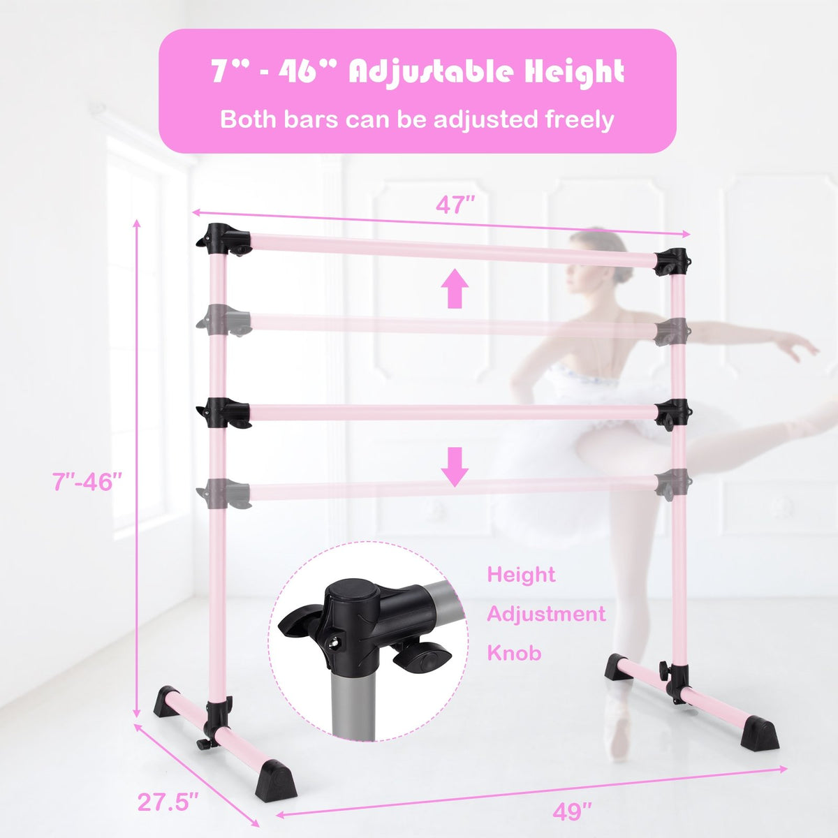 4 Feet Double Ballet Barre Bar with Adjustable Height-Pink view 5
